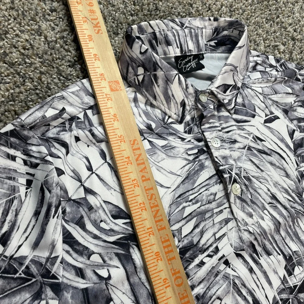 Sunday Swagger Men's Medium Golf Polo Shirt Black White Tropical Palm Leaf Print